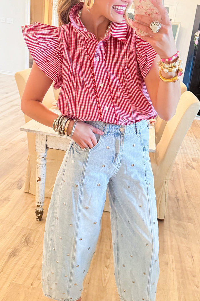 Casual  Red Gingham Ruffle Cap Sleeve Top