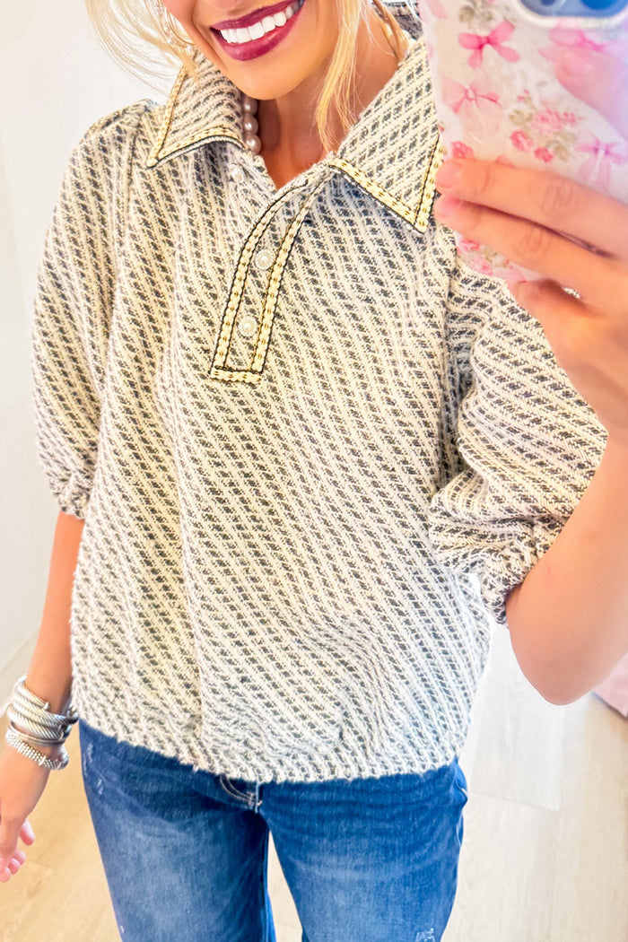 Collared Short Puff Sleeve Grey Tweed Pearl Button Top