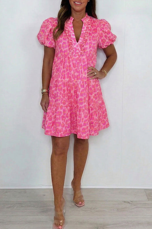 Leopard Puff Sleeve Tiered Dress