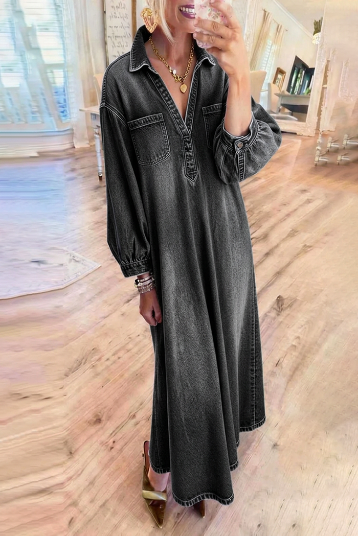 Washed Black Contrast Stitch Pockets Denim Maxi Dress