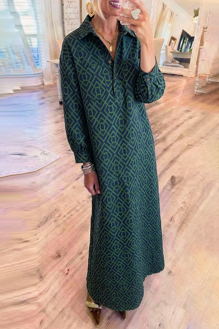 Geometric Jacquard Shirt Collar Long Sleeve Pockets Maxi Dress