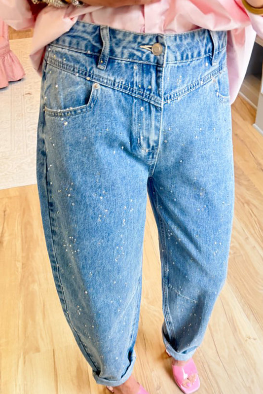 Casual Rhinestone Barrel Jeans