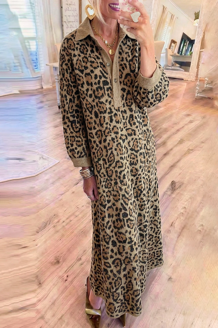 Leopard Jacquard Knit Collared Maxi Dress
