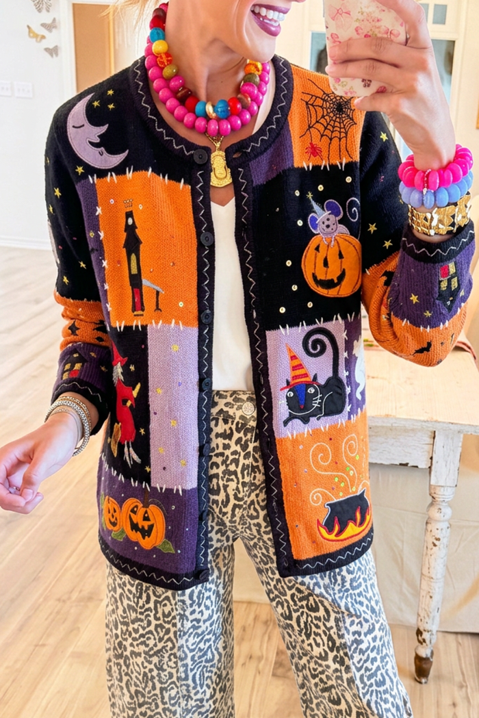 Round Neck Knit Halloween Patchwork Embroidery Cardigan
