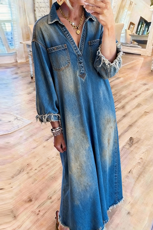 Pocketed Frayed Cuff Distressed Denim Maxi Dress