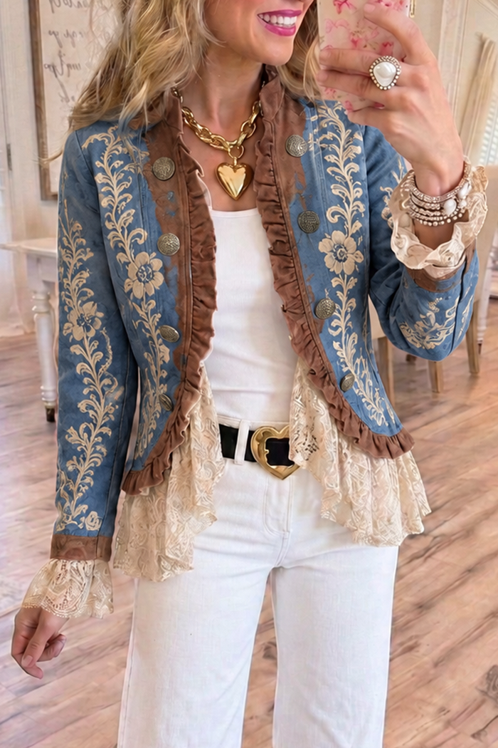 Floral Ruffle Trim Denim Jacket