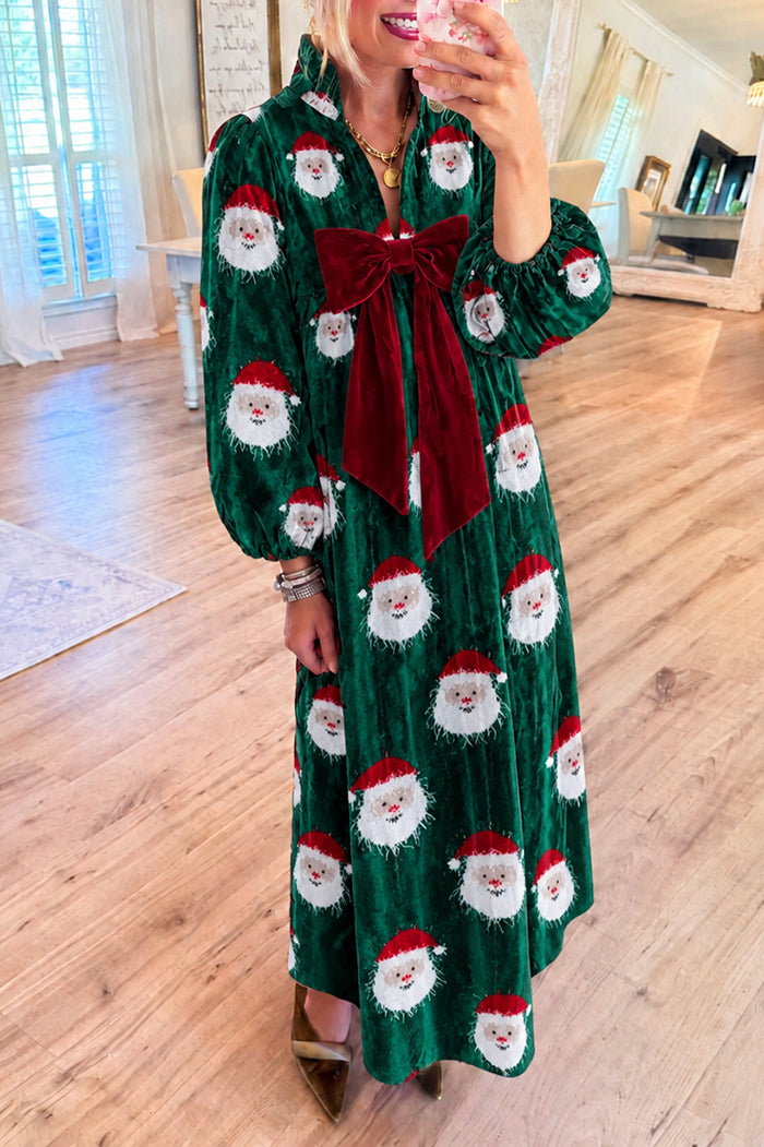 Velvet Bow Santa Print Maxi Dress
