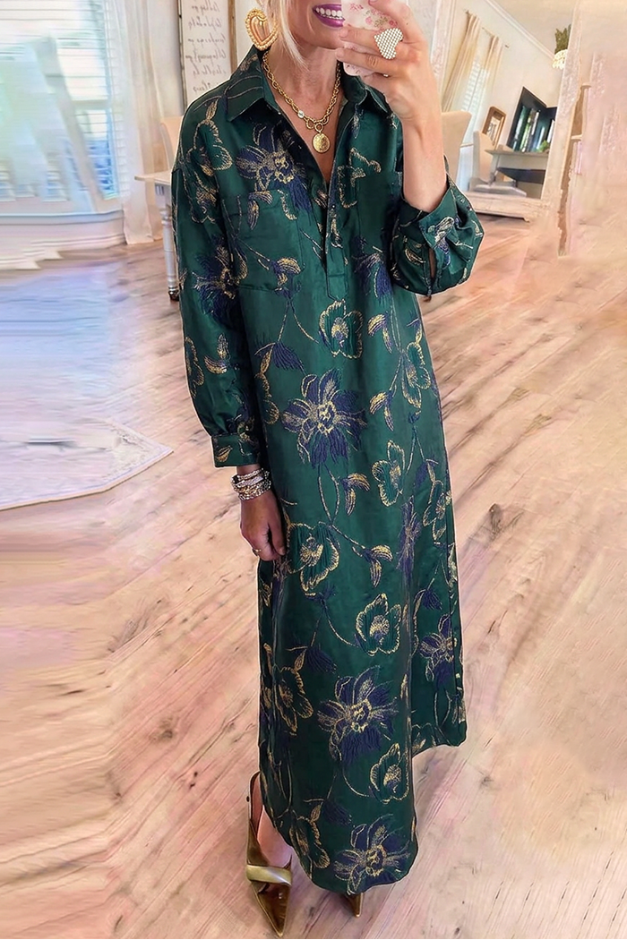 Emerald Collared Floral Jacquard Pockets Maxi Dress