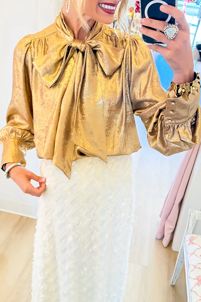 Gold Puff Sleeve Bow Top
