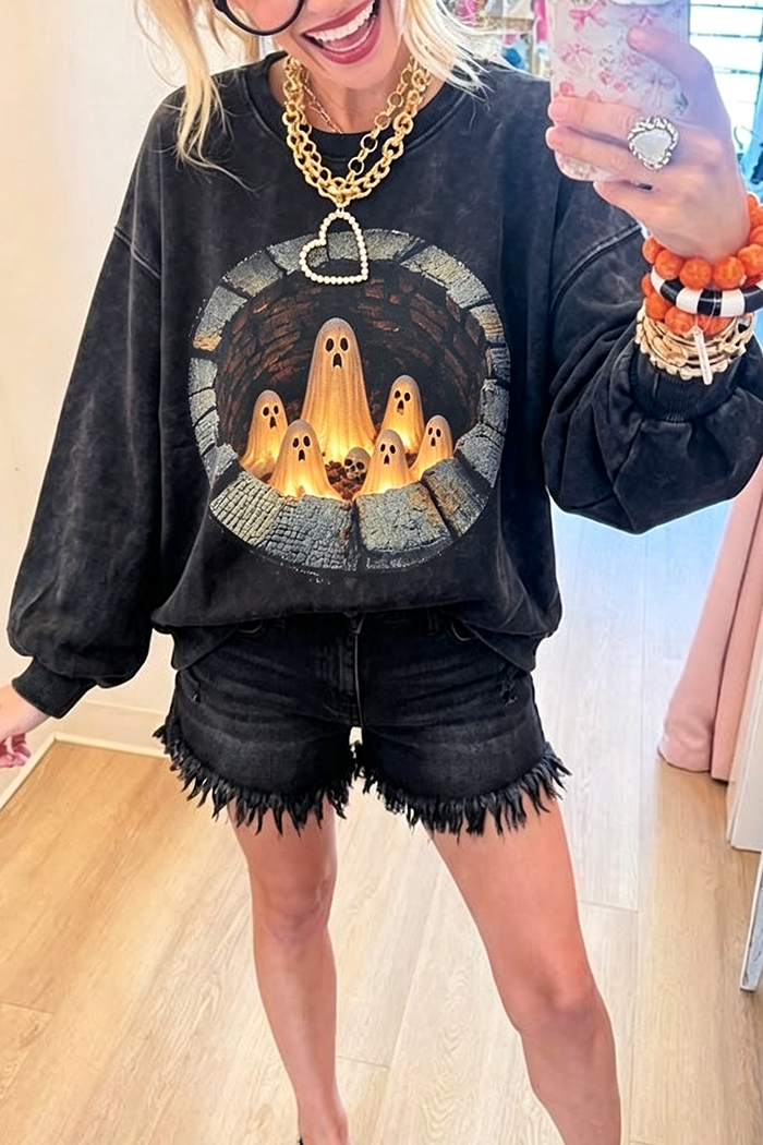 Halloween Ghost Graphic Long Sleeve Washed Sweatshirt