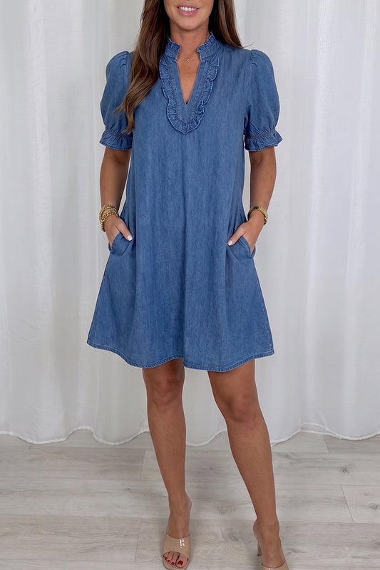 Puff Sleeve Ruffle Trimmed Pocket Dress