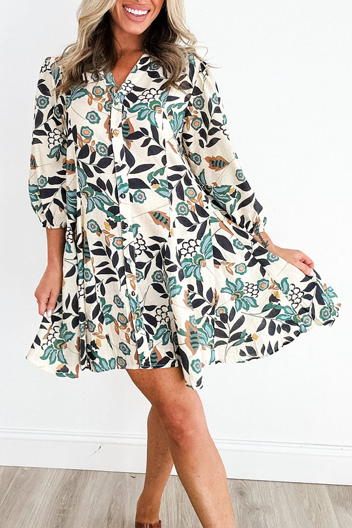 Floral Print Button A-Line Pocket Dress