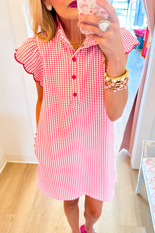 Pink Gingham Scallop Sleeve Pocket Dress