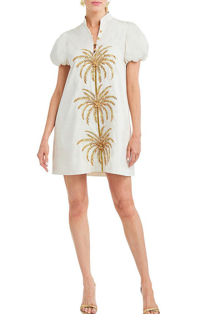 Puff Sleeve Buttoned Gold Palm Dress