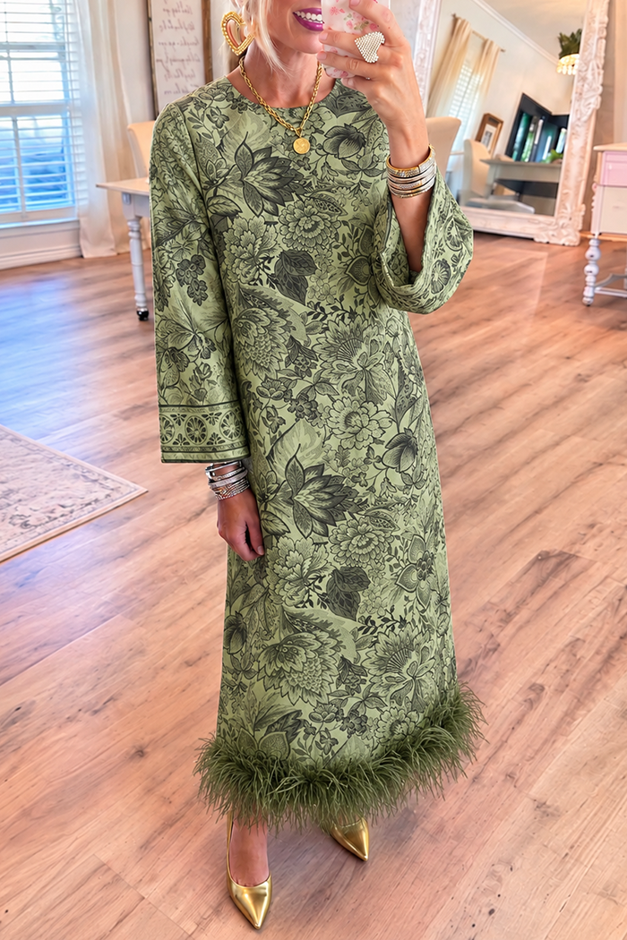 Green Floral Feather Hem Maxi Dress