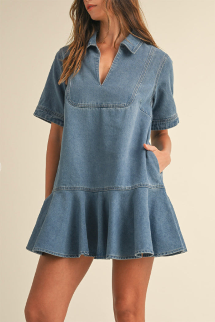 Collared Pocket Ruffle Hem Denim Dress