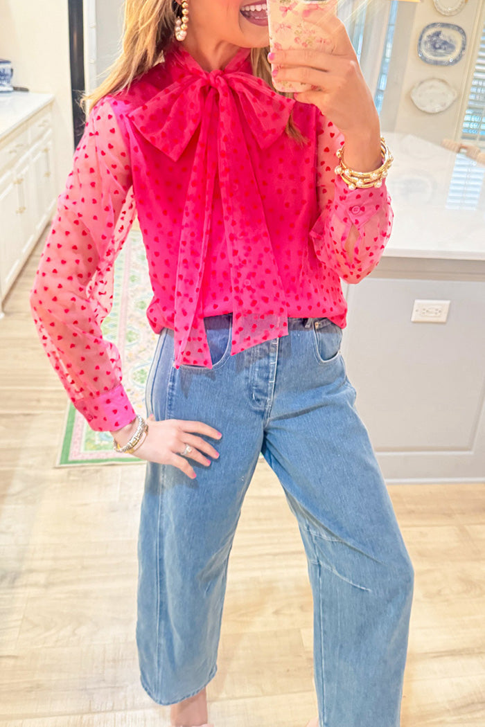 Long Sleeve Hot Pink Heart Bow Top