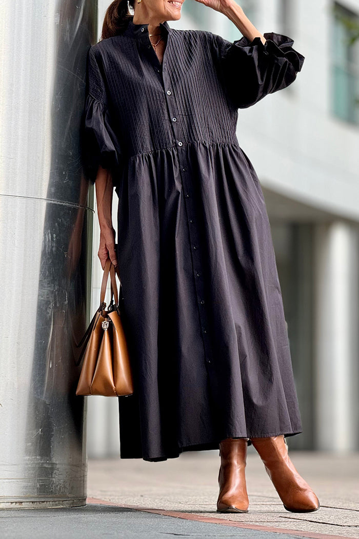 Puff-Sleeve Button-Front Pocket Midi Dress