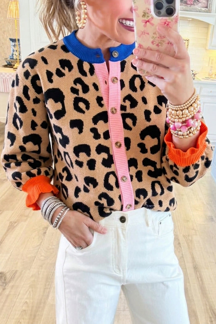 Leopard Knit Ruffle Cuff Button Sweater