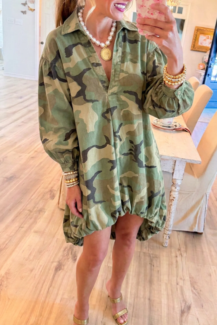 Camo Collared Balloon Sleeve Bubble Hem Dress