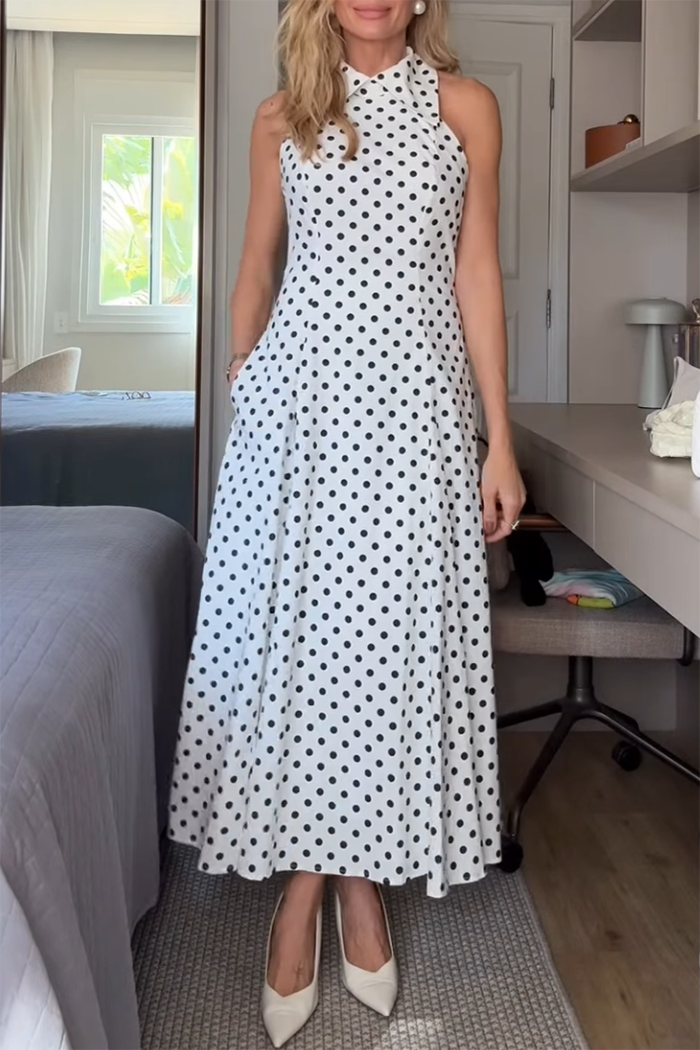Pocketed Halter Neck Polka Dot Maxi Dress
