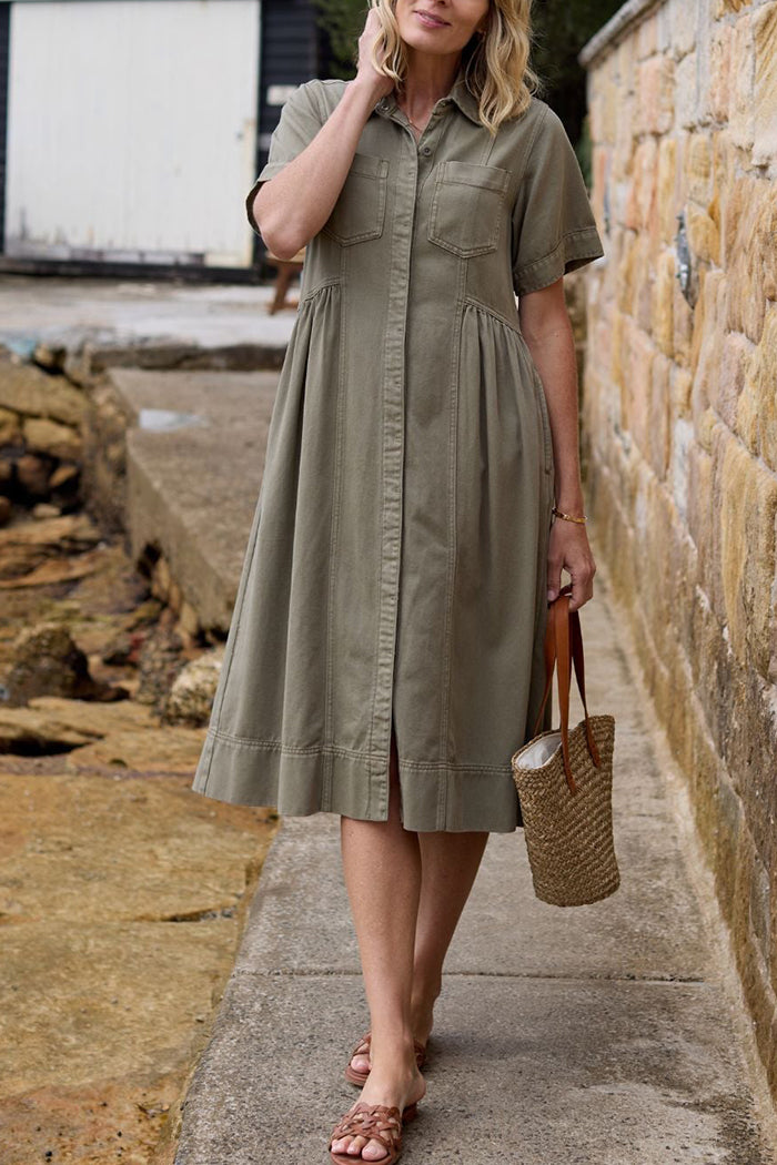 Gathered Waist Pocketed Collared Short Sleeve Denim Dress