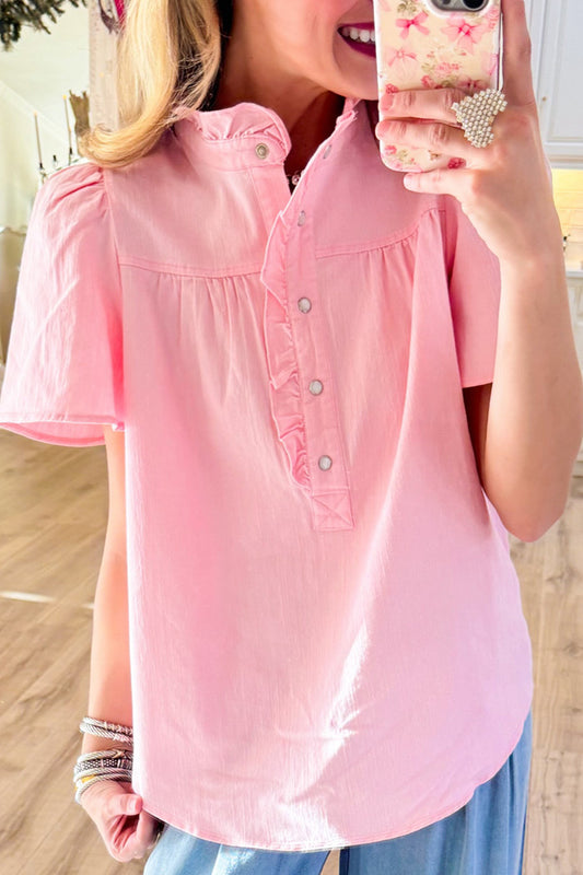 Pink Ruffle Neck Short Sleeve Button Down Top