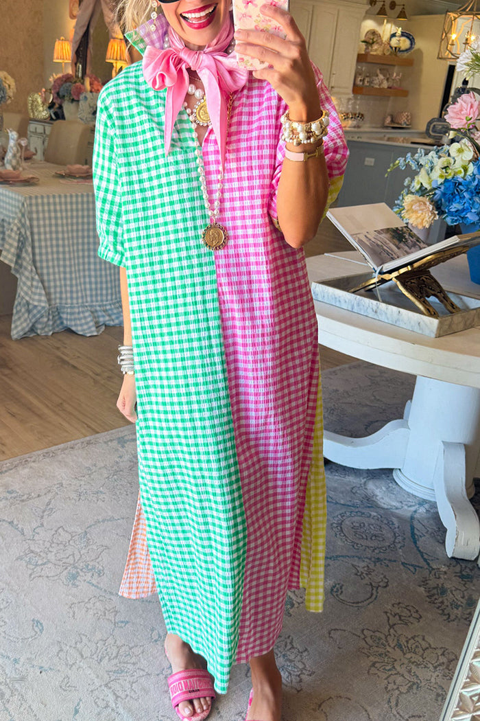 Multi Gingham Slit Midi Dress