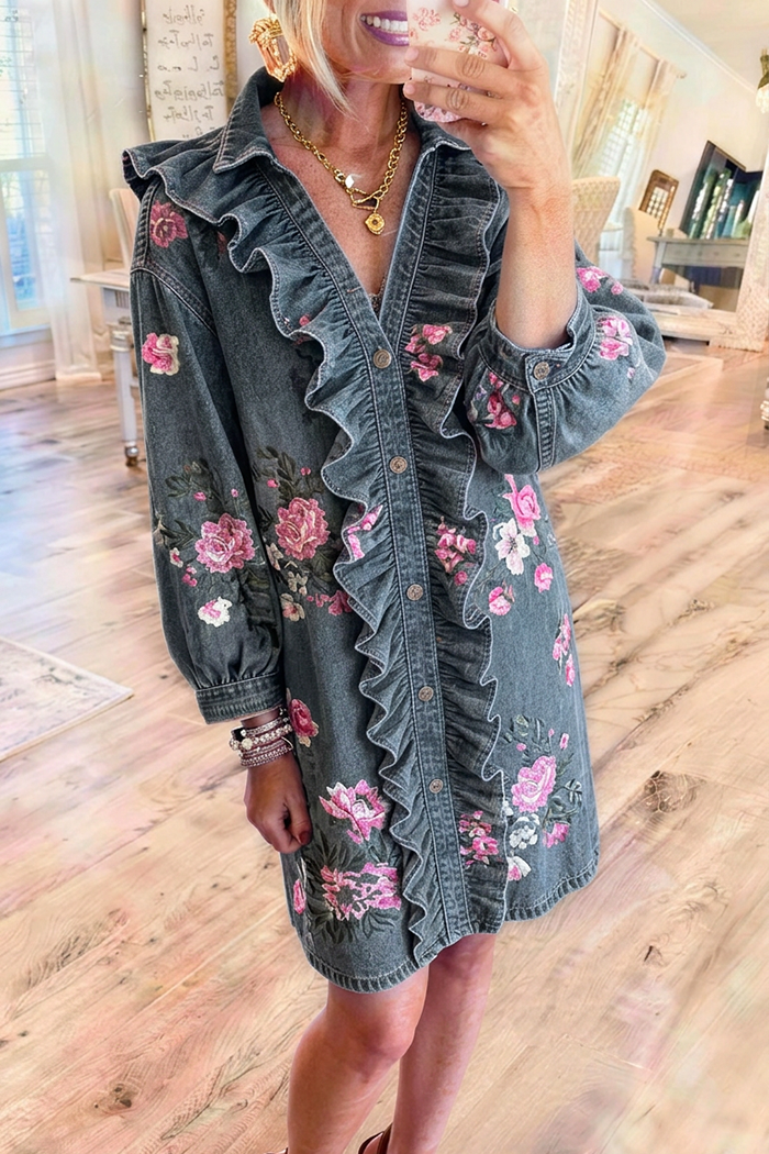Dark Washed Denim Ruffle Placket Balloon Sleeve Floral Embroidered Shirt Dress