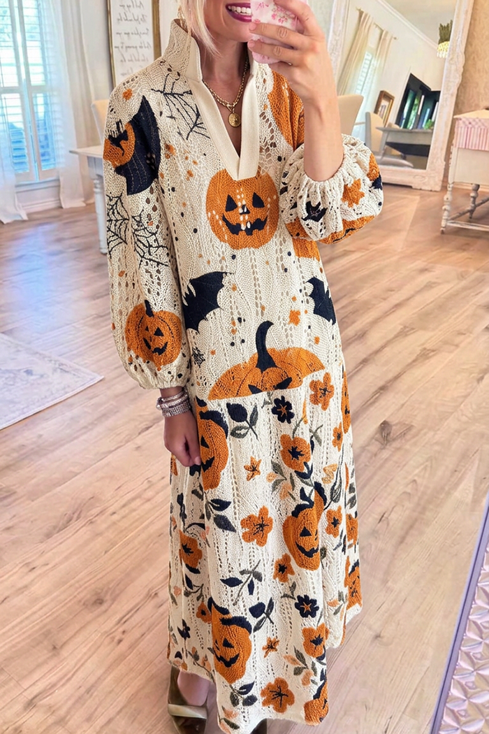 Halloween Pumpkin Jacquard Knit Stand Collar Bubble Cuff Sleeve Maxi Dress