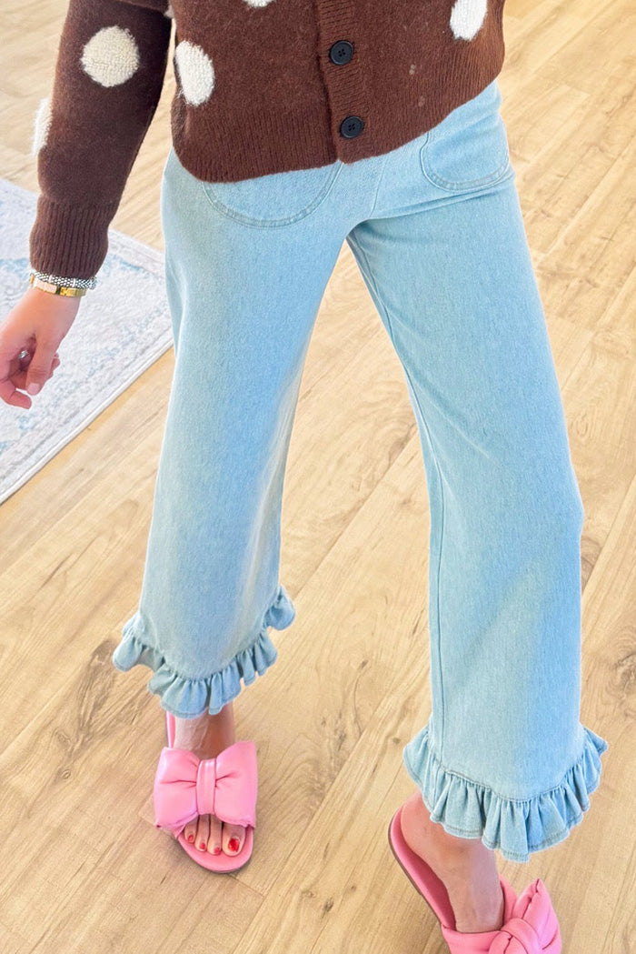 Ruffle Hem Back Zipper Denim Pants
