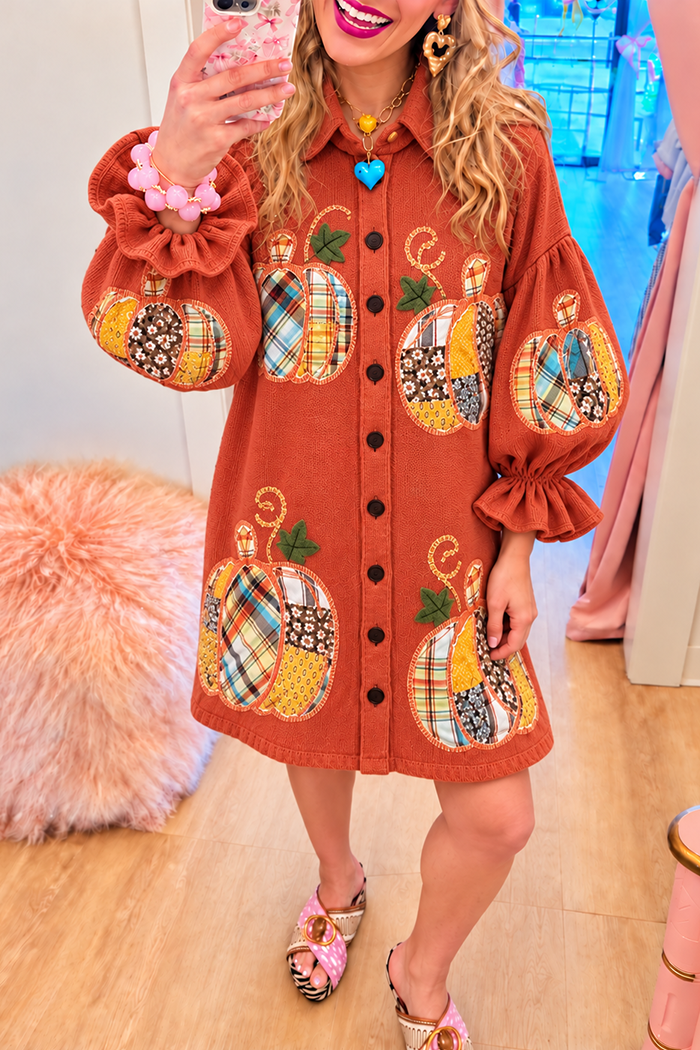 Rust Patchwork Pumpkin Puff Ruffle Sleeve Knit Dress