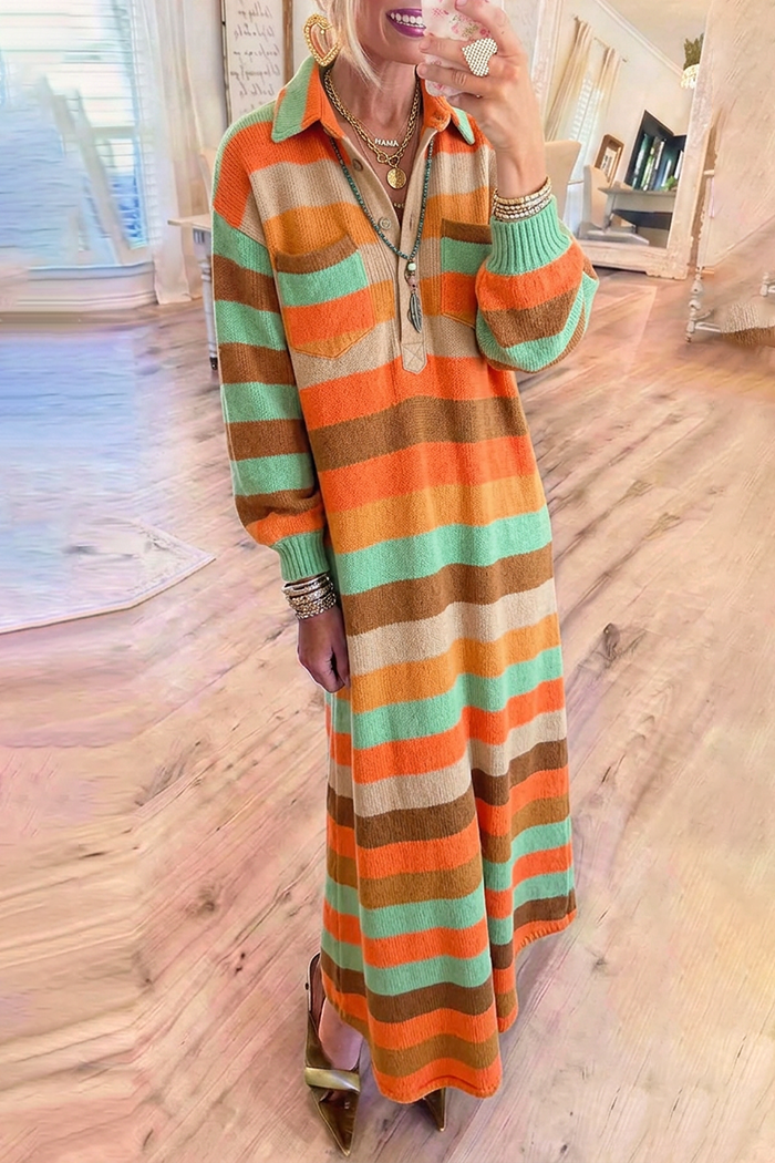 Multi Stripe Collared Pockets Long Sleeve Maxi Sweater Dress