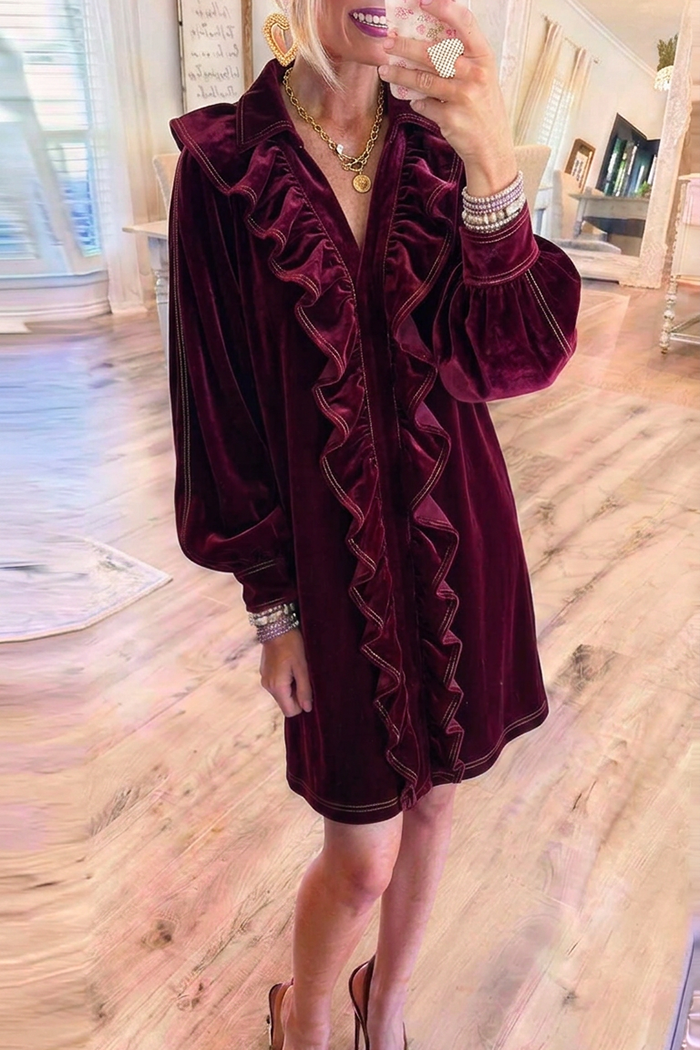 Burgundy Velvet Collared Front Ruffle Balloon Sleeve Dress
