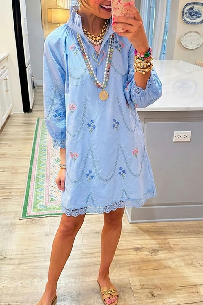 Floral Lace Hem Lantern Sleeve Shirt Dress
