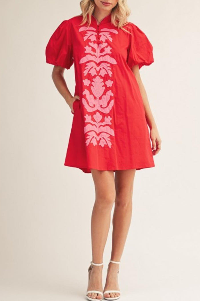 Red Contrast Printed Pocket Dress