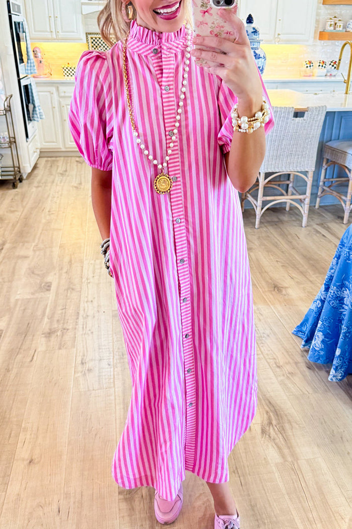 Striped Puff Sleeve Midi Dress