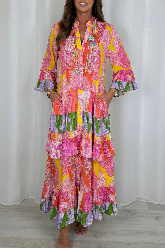 Pink Multi Tiered Ruffle Sleeve Maxi Dress