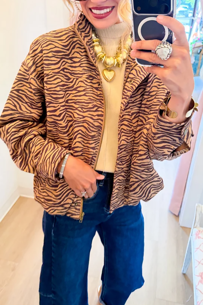Tiger Print Stand Collar Elastic Hem Pockets Jacket