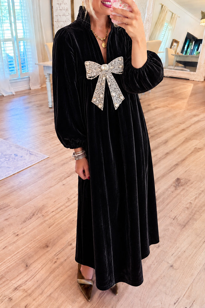 Black Velvet Rhinestone Bow Maxi Dress
