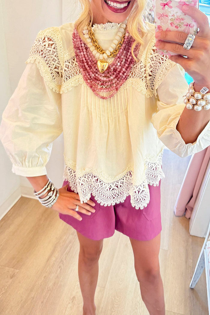 Cream Lace Detail 3/4 Sleeve Top