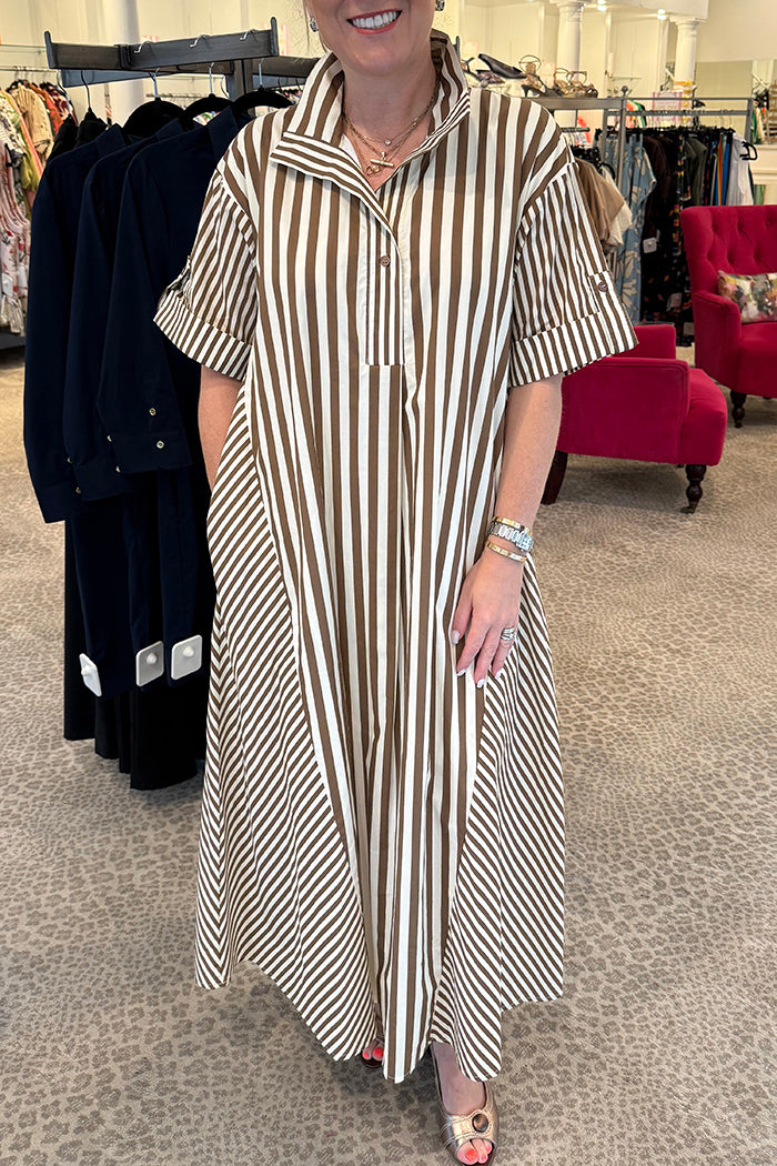 Collared Cuffed Short Sleeve Pocket Mocha Stripe Maxi Dress