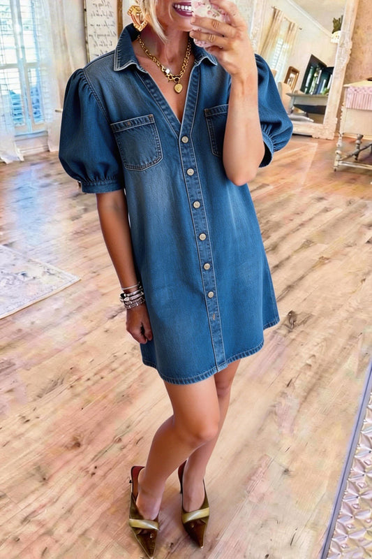 Puff Sleeve Denim Shirt Dress