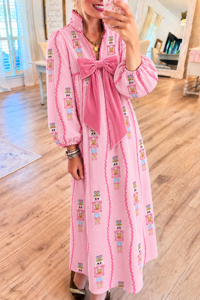 Nutcracker Pocket Velvet Bow Corduroy Maxi Dress