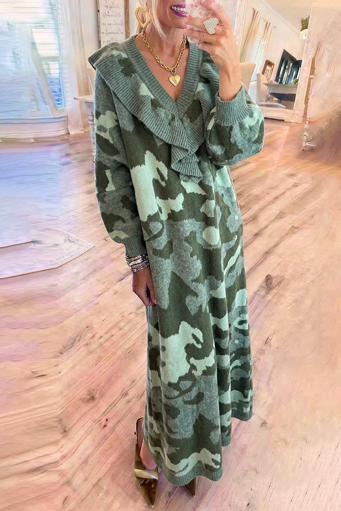 Camo Knit Ruffle Neck Balloon Sleeve Maxi Dress