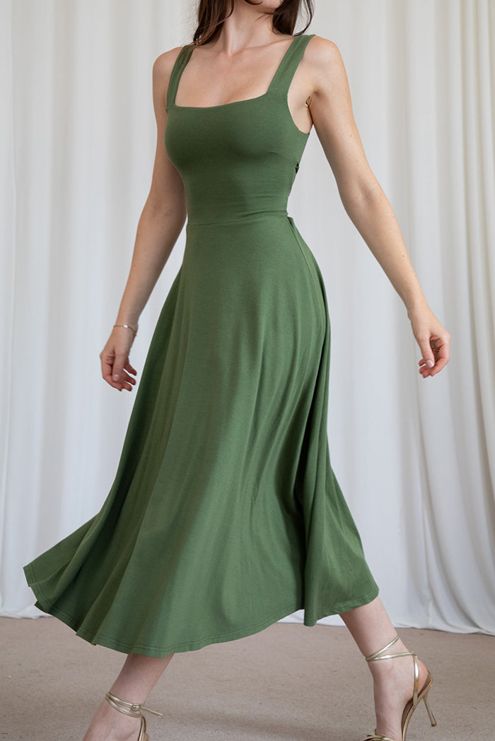 Square-Neck Tie-Waist Midi Dress