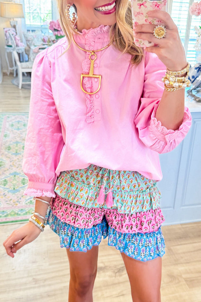 Pink 3/4 Sleeve Eyelet Accent Top