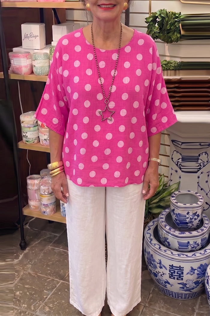 Polka Dot Linen Top And Linen Pants Set