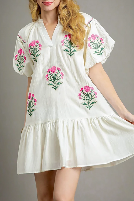 Floral Embroidered Bubble Sleeves Dress