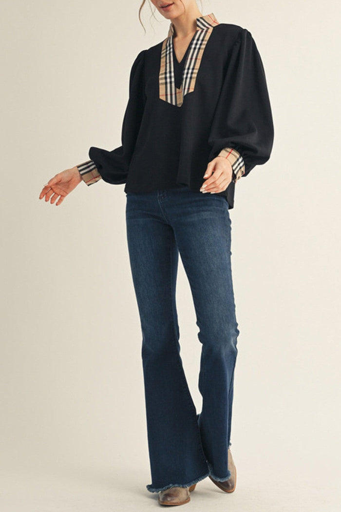 Plaid Contrast Accent Long Puff Sleeve Top